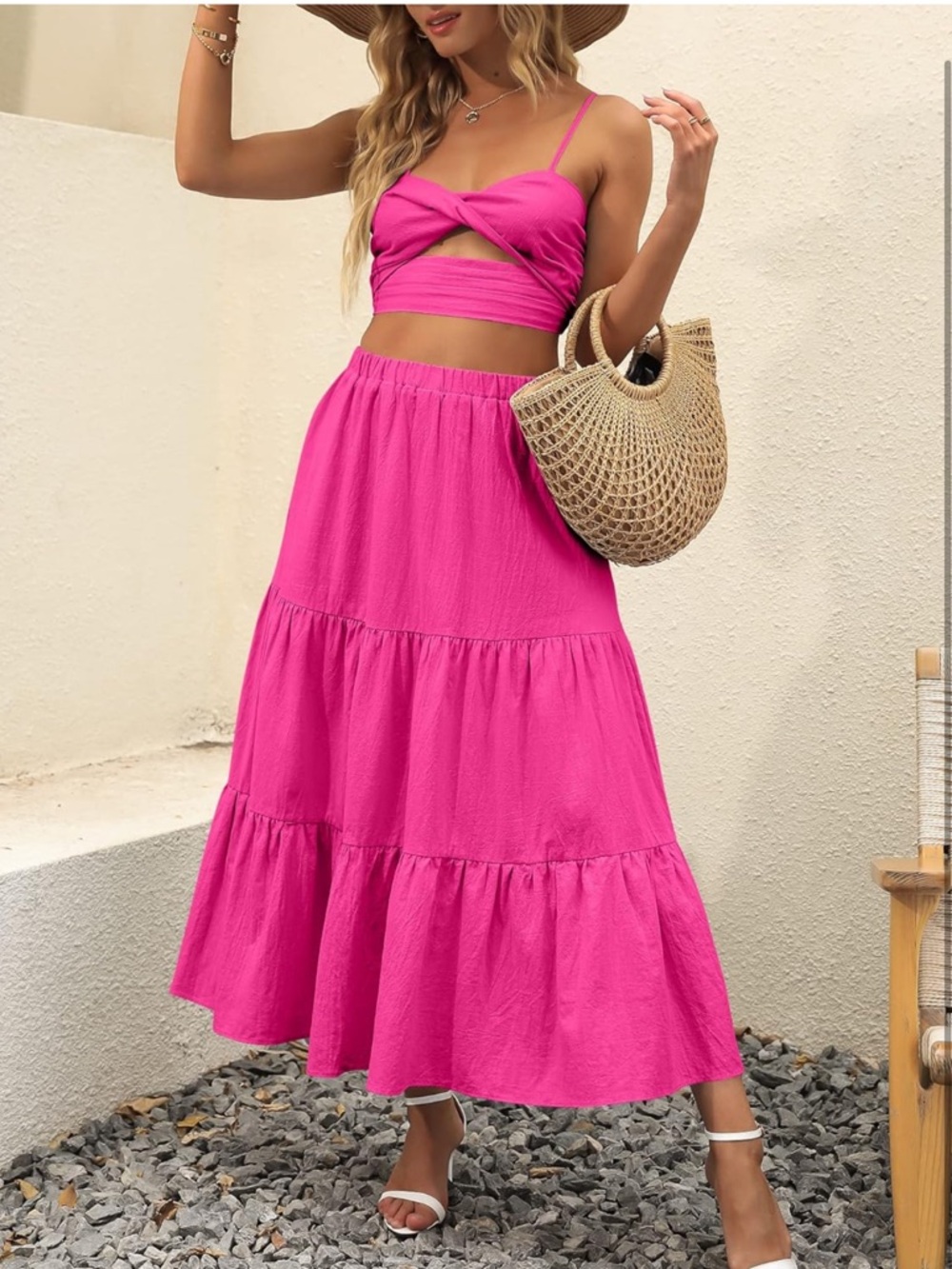 NWOT Women’s Barbiecore Pink Tiered Summer Rayon Maxi Skirt w Pockets Size Small - Picture 2 of 12